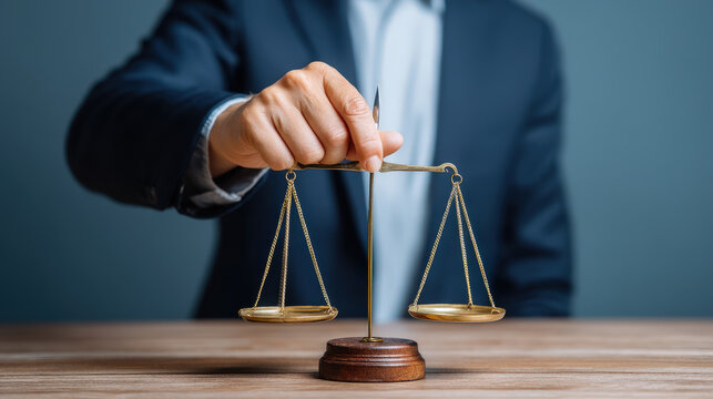 Person suit holds balanced scale symbolizing justice and fairness wooden table. image conveys sense of sensitive content related to legal matters