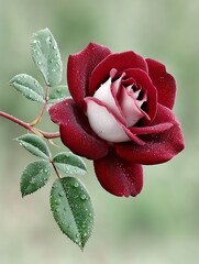 Dew Drops Adorning a Deep Red and White Rose Bloom Against a Softly Blurred Background