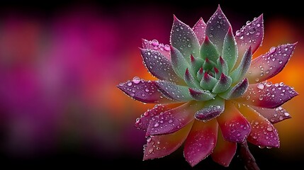 Vibrant Succulent Plant Covered in Water Droplets with a Colorful Bokeh Background