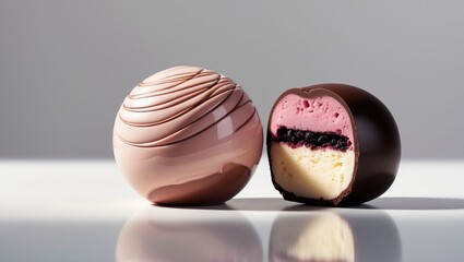 Chocolate and vanilla mousse ball with a pink and chocolate interior. Dessert, sweet treat, and pastry. The concept of indulgence and confectionery.