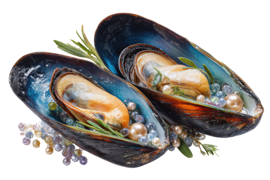 Two mussels, vibrant blue-black shells, nestled together, adorned with iridescent pearls and sprigs of rosemary.  Small, colored caviar-like pearls scattered around.  High-quality food styling
