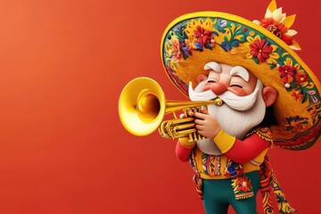Cartoon mariachi character playing trumpet with sombrero on red background