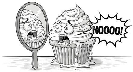 Shocked cupcake with melting frosting sees itself in a mirror exclaiming NOOOO, funny food illustration