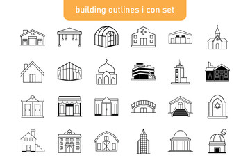 Collection of building outlines and icons architecture