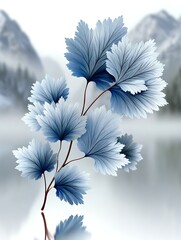 Delicate Frosted Blue Leaves Reflecting on Calm Water Landscape