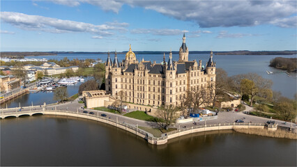 Aerial View of a Majestic Castle of Schwerin, Germany by the Lake
