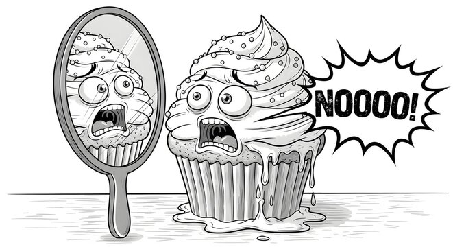 Shocked cupcake with melting frosting sees itself in a mirror exclaiming NOOOO, funny food illustration