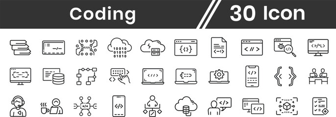 coding and Programming set of web icons in line style. Softwar development icons for web and mobile app. Code, api, programmer, developer, information tec Design, Data Analyzing, Coding,