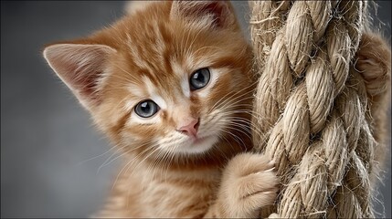 Adorable Orange Kitten Grips Thick Rough Rope with Playful Curiosity and Big Blue Eyes