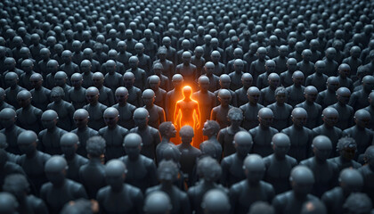  Individual Radiance: Single Glowing Orange Figure Standing Out in a Crowd of Dark Silhouettes, Ideal for Uniqueness, Leadership, and Distinction Concepts