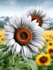 Two Striking White Sunflowers Bloom in a Golden Field Under a Blue Sky