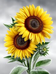 Two Large Yellow Sunflowers Bloom Together With Green Leaves
