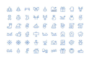 Vector art of collection of christmas icons with a blue outline on a white background, isolated on white background