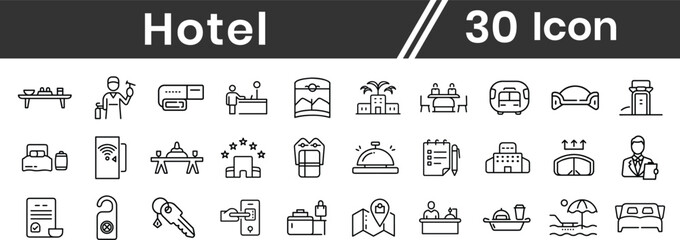 Hotel and apartament icons in line style for web. Hotel services, recreational rest, relax, travel, Hotel, Service, Luxury, Hotel Reception, Taxi, Restaurant, Bed, Towel, Support, Swimming Pool, Bath,