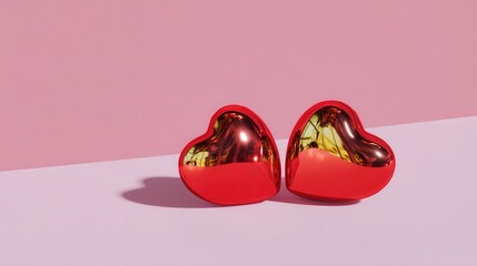 Shiny red heart figurines on pink background