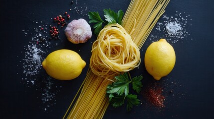 Italian cuisine ingredients with lemons, pasta, garlic, herbs on black background