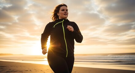 Determined plus-size woman confidently running along a serene beach at sunrise, embracing fitness and a healthy lifestyle with inspiring morning energy
