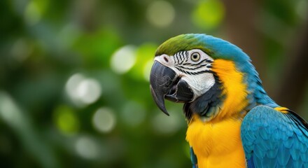 Fototapeta premium Vibrant Blue and Yellow Macaw Parrot Perched Amidst Lush Greenery