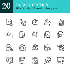 Data Protection Outline Icon Sheet Vector Design - representing secure file storage, data privacy, malware detection, digital access, system security, and information management