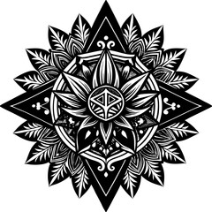 Black and white mandala design with floral and geometric patterns, symmetrical vector illustration, perfect for tattoos or decorative art