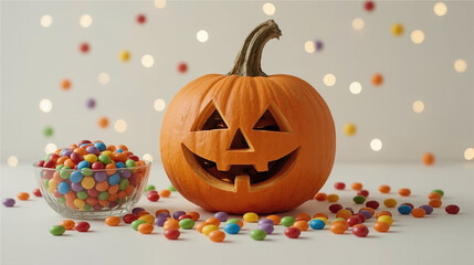 Halloween Jack-O'-Lantern with Colorful Candies and Festive Lights. Close-up of a carved pumpkin jack-o'-lantern with a bowl of colorful candies and bokeh festive lights in the background.