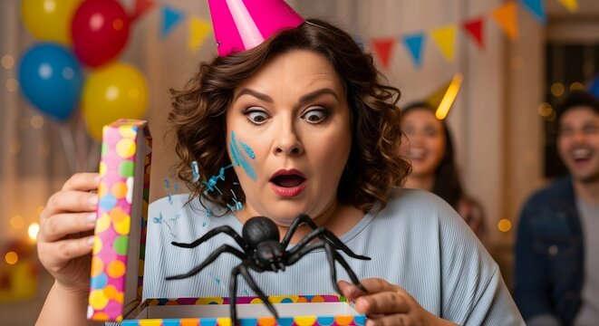 Woman's shocked face as a fake spider pops out of a colorful gift box at a surprise birthday party with friends laughing in background