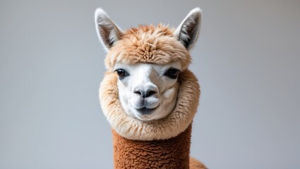 Obraz premium Llama head with a funny expression, close-up portrait. Fun and playful animal photo. Cute and amusing Llama face.