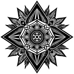 Black and white mandala design with floral and geometric patterns, symmetrical vector illustration, perfect for tattoos or decorative art