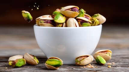 Pistachios falling white ceramic bowl on rustic wooden table