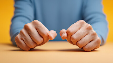 Two clenched fists rest on table against vibrant yellow background conveying sensitive content