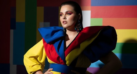 Boldly expressive woman in vibrant colorful fashion, striking a confident pose against a modern abstract backdrop