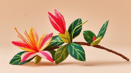 Colorful paper flowers leaves on pastel background