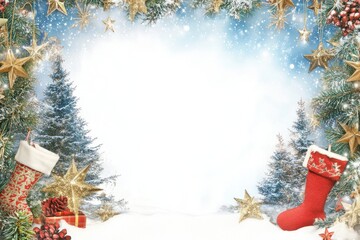 Christmas frame with trees, stars, stockings isolated on white background