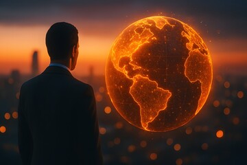 Man with planet Earth glowing in the sky above them surrounded by stars and galaxy
