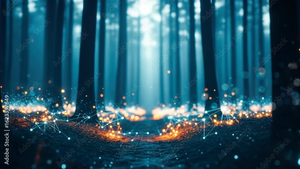 Poster a mystical forest scene illuminated by ethereal lights and particles creating a surreal atmosphere a