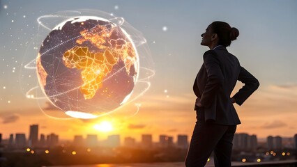 man and woman silhouettes at sunset and night with earth globe and moon in abstract blue space background