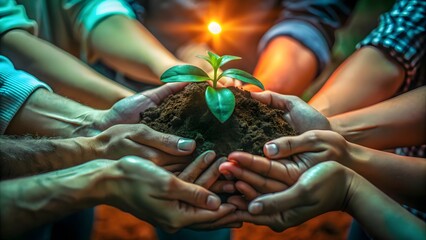 A small green tree held gently in hands surrounded by nature and growth symbols
