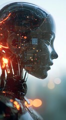 Futuristic AI Female Portrait with Cybernetic Details and Glowing Circuits, Close-Up of Robotic Face