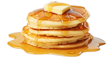 Indulge in warm, fluffy pancakes dripping with golden syrup and topped with rich butter for a perfect breakfast treat.