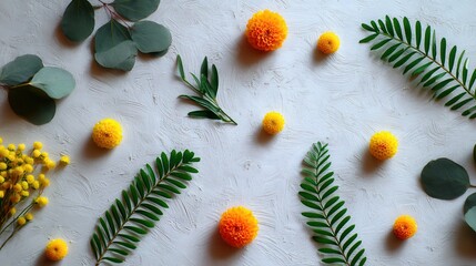 Flat lay with eucalyptus vibrant pom pom flowers
