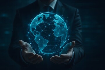 Human hand holding a globe with a human brain x-ray scan in the background representing global technology and digital connection