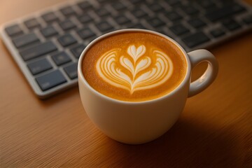 Cup of coffee with foam on a table next to a laptop