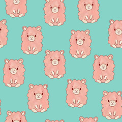 Cute fluffy pink sheep on blue background pattern. Baby animals wallpaper. Simple children's illustration for print clothes textiles