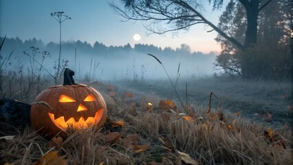 Halloween pumpkin glowing in the dark forest with spooky carved face