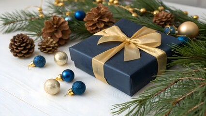 Christmas tree decorated with ornaments and surrounded by gift boxes on a festive winter background