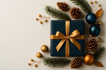 Christmas background with gift box fir branches and festive decorations