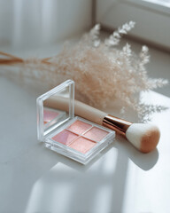 Compact blush palette with four shades sits elegantly on marble surface, accompanied by soft makeup brush. scene is bright and minimal, evoking sense of beauty and simplicity