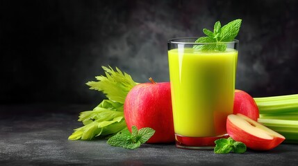Green smoothie with apples celery on dark background
