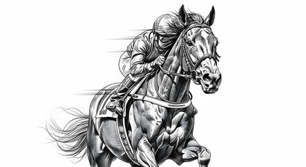 Dynamic jockey and powerful racehorse thundering towards victory in a thrilling derby, capturing the essence of speed and competition.