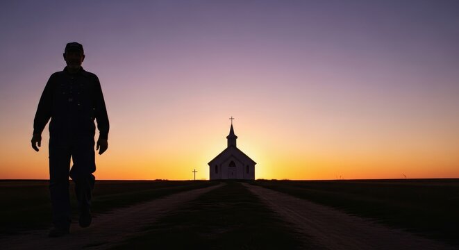 Man Walking Towards Church at Sunset - Silhouette of a man walking toward a small church at sunset on a rural road. Peaceful, serene, spiritual scene
